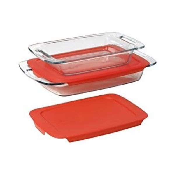 Pyrex Easy Grab 4-Piece Value Pack, Includes 1, 3-Qt Oblong, 1, 2-Qt Oblong, With Red Plastic Covers