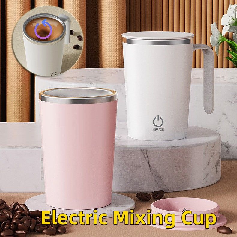 White kitchen electric mixing cup with automatic stirring function and charging cable on a table
