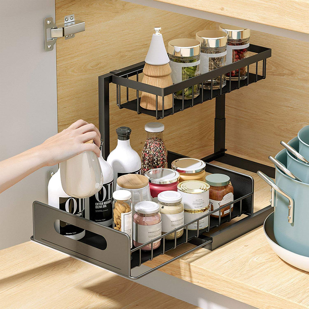 2 tier black under sink organizer with pull-out bottom basket for cabinet storage
