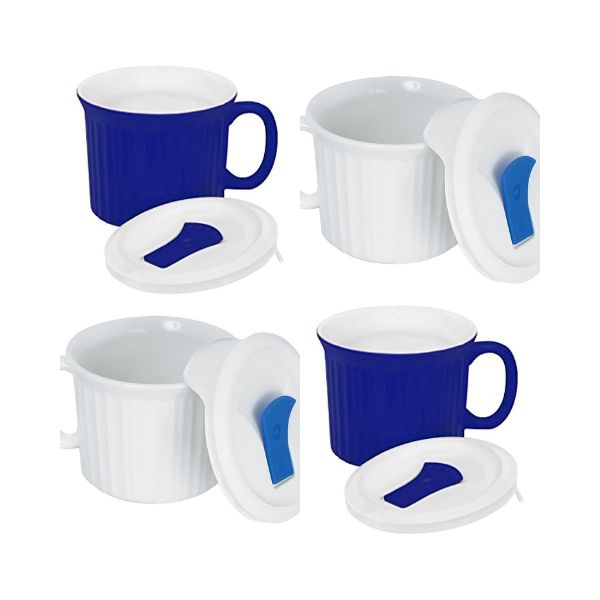 Corning Ware Pop in mug, 4 mugs with vented plastic covers