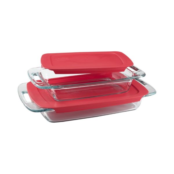 Pyrex Easy Grab 4-Piece Value Pack, Includes 1, 3-Qt Oblong, 1, 2-Qt Oblong, With Red Plastic Covers