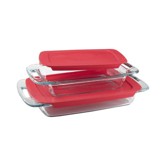 Pyrex Easy Grab 4-Piece Value Pack, Includes 1, 3-Qt Oblong, 1, 2-Qt Oblong, With Red Plastic Covers