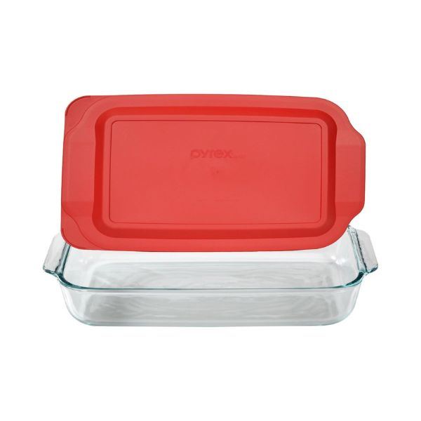 Pyrex Basics 3-quart clear glass oblong baking dish with red lid, oven safe, 9x13 inches