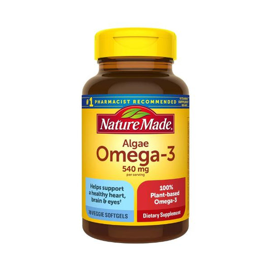 Nature Made Algae Omega-3, 540 mg, 70 Veggie Softgels - Plant-Based, Heart & Brain Support