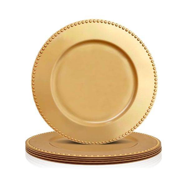 Set of 6 gold beaded charger plates, 13-inch plastic wedding table decor