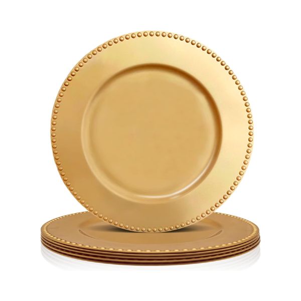 6-Pack Gold Beaded Charger Plates, 13" - Wedding & Event Table Decor
