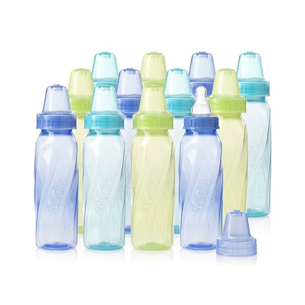Evenflo Feeding Classic Tinted Plastic Standard Neck Bottles for Baby, Infant and Newborn - Teal/Green/Blue, 8 Ounce (Pack of 12)