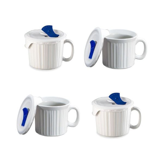 CorningWare Pop-Ins 20-ounce Mug w/Blue Vented Plastic Cover, White (Pack of 4)