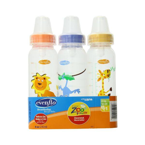 Evenflo Zoo Friends pink baby bottle with vented nipple and zoo character design