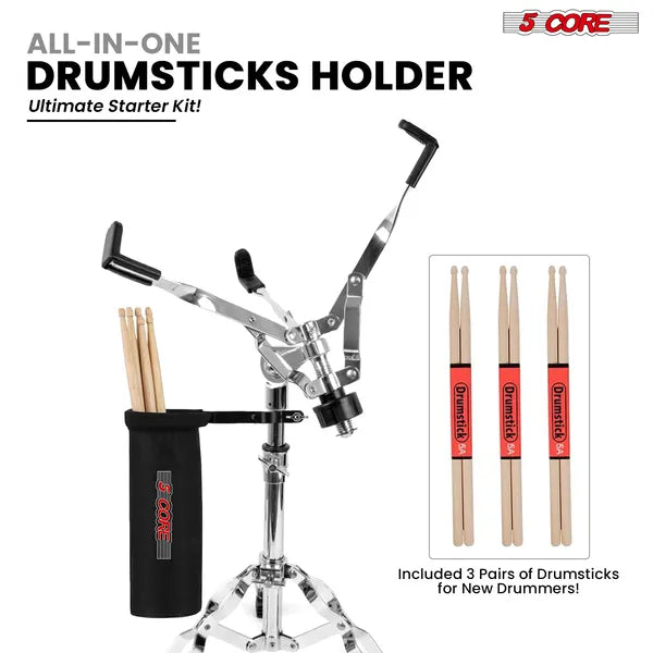 5 Core Drum Practice Pad Set with adjustable 12" snare stand and compact carrying bag for quiet drumming practice