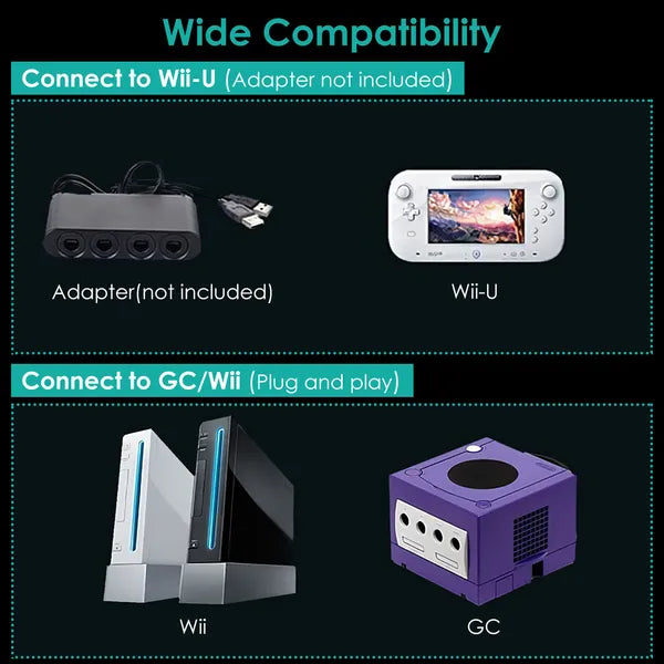 Black wired game controller compatible with Nintendo Wii and Gamecube with ergonomic design and 55-inch cable