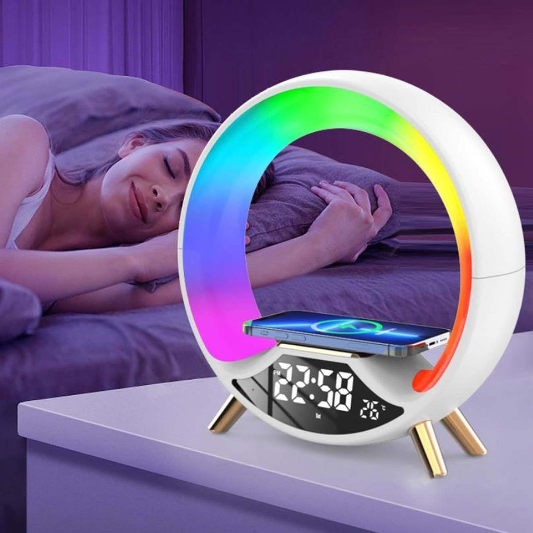 Wireless charging multifunctional Bluetooth speaker night light with dimmable LED and clock display