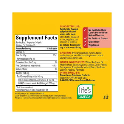 Nature Made Algae Omega-3, 540 mg, 70 Veggie Softgels - Plant-Based, Heart & Brain Support