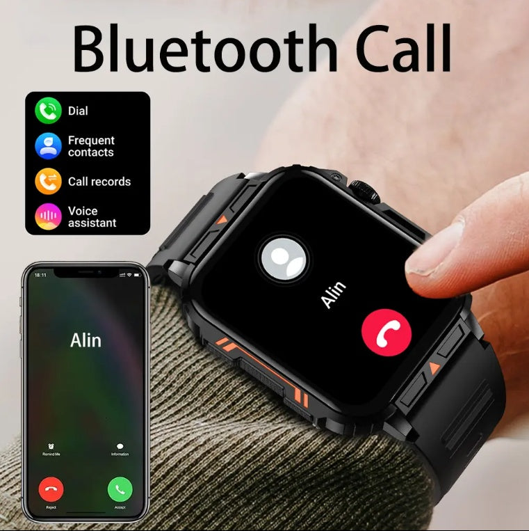 Outdoor sports square smartwatch with call answer, big battery, fitness tracker, and waterproof design for men
