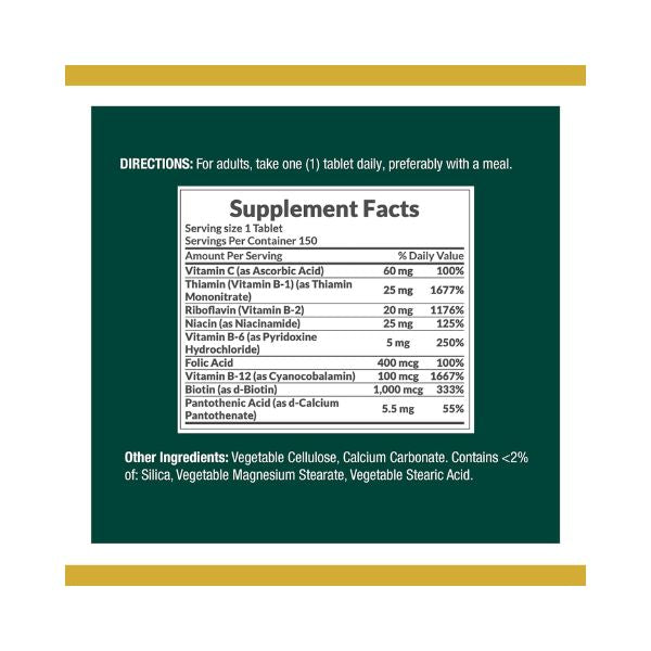 Nature's Bounty Super B Complex with Folic Acid Plus Vitamin C Tablets - 150 ct, Pack of 2