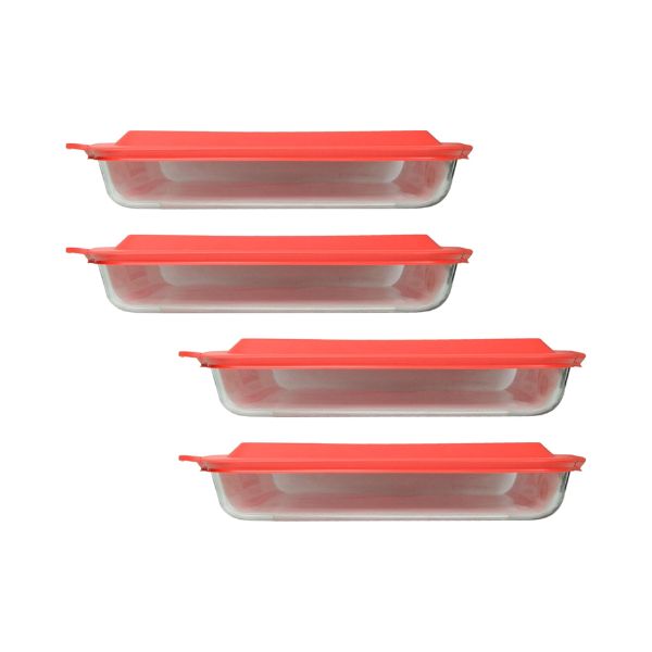 Pyrex (1,2,4) 233 Oblong Rectangle Clear Glass Casserole Baking Dish & (1,2,4) 233-PC Red Lid