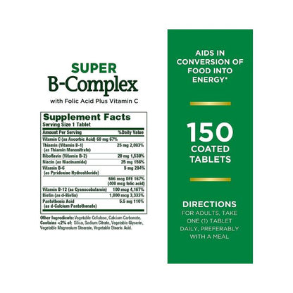 Nature's Bounty Super B Complex with Folic Acid Plus Vitamin C Tablets - 150 ct, Pack of 2