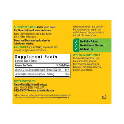 Nature Made Calcium 500mg + D3 - 130 Tabs.