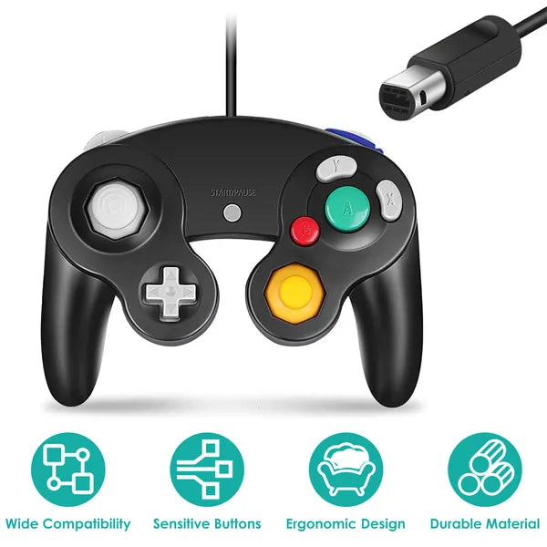 Black wired game controller compatible with Nintendo Wii and Gamecube with ergonomic design and long cable