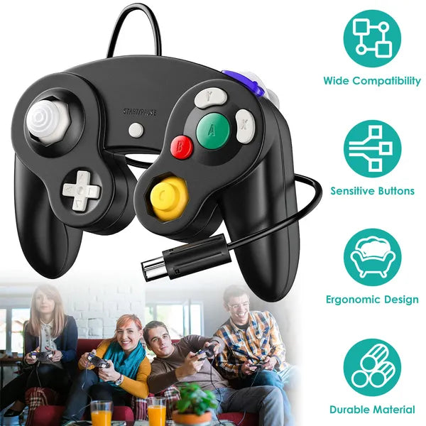 Black wired game controller compatible with Nintendo Wii and Gamecube with ergonomic design and 55-inch cable