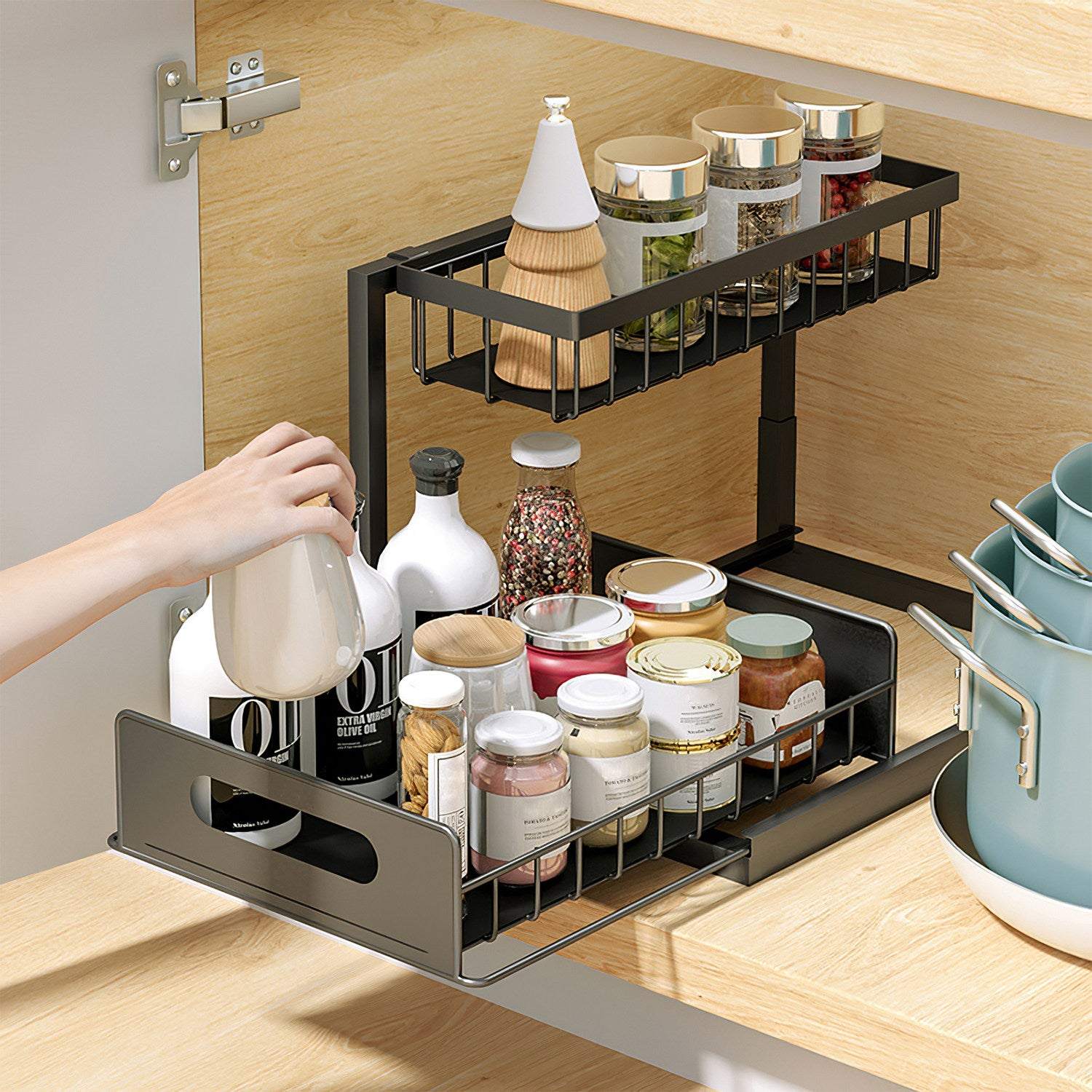 2 tier black under sink organizer with pull-out bottom basket for cabinet storage